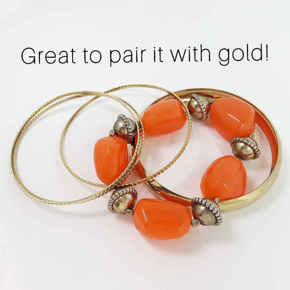 Vintage Elastic Orange-Gold Large Beaded Bracelet